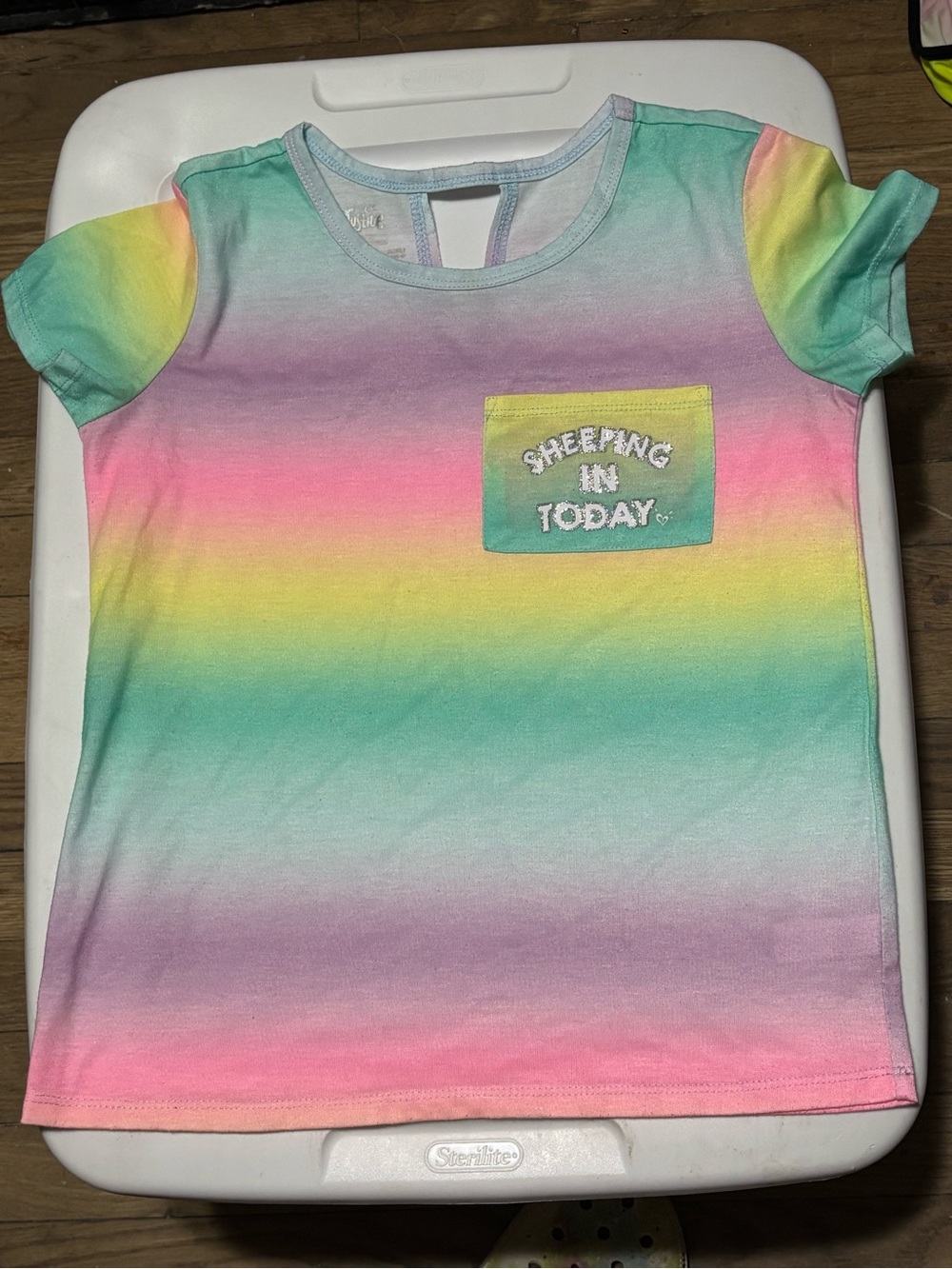 Justice Kid’s Small Pastel Rainbow “Sheeping in Today” Crewneck Pajama Shirt